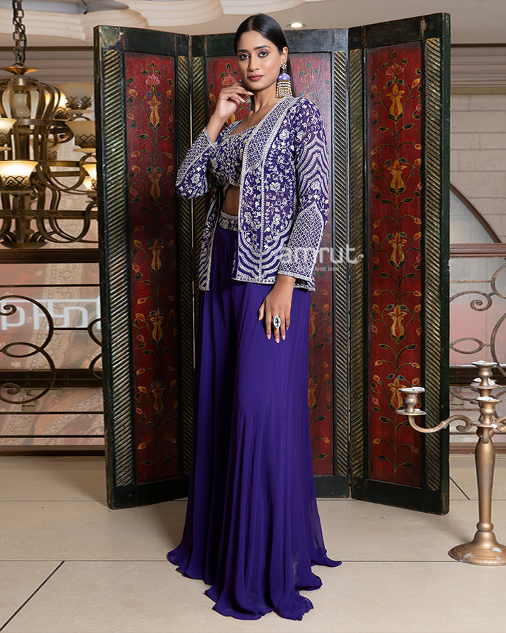 Royal Purple Palazzo Set with Hand Embroidered Jacket 04