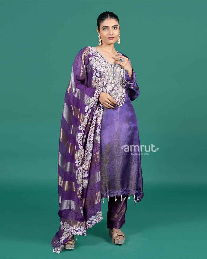 Royal Purple Zari Embroidered Salwar Suit with Striped Silk Dupatta 01