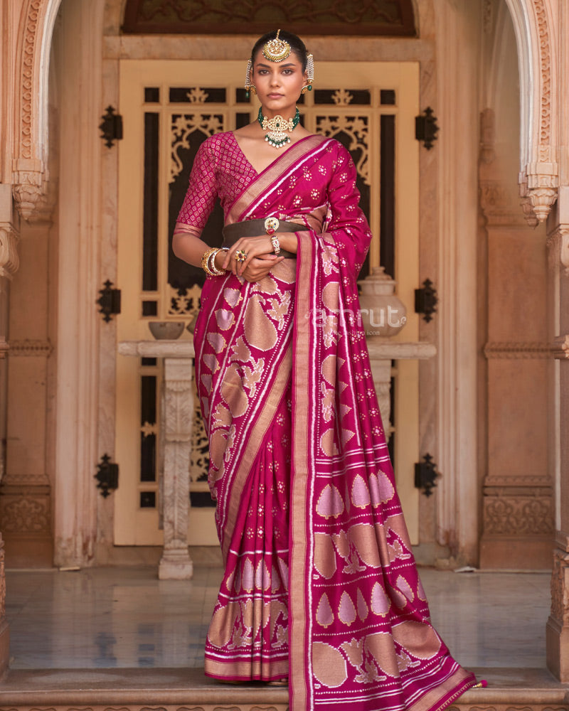 Ruby Pink Foil Printed Silk Saree With Zari Woven Border and Tassel