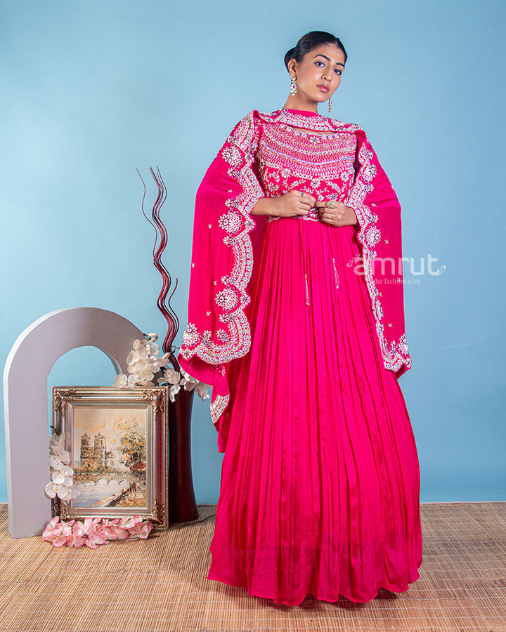 Ruby Pink Hand Embroidered Flared Gown With Dupatta