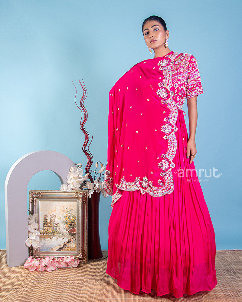 Ruby Pink Hand Embroidered Flared Gown With Dupatta