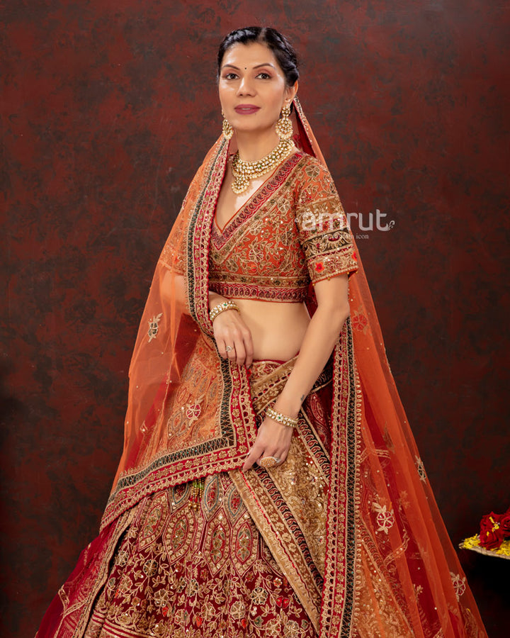 Ruby Red Embroidered Bridal Lehenga Choli With Double Dupatta