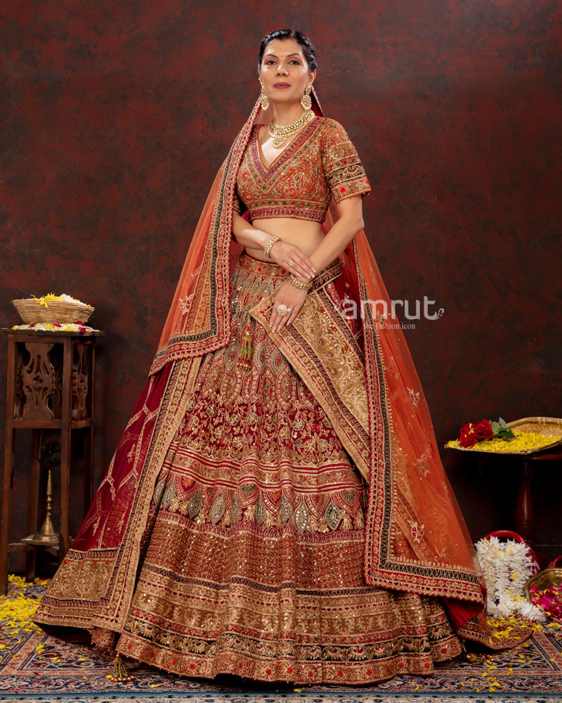 Maroon Maroon Heavy Embroidered Bridal Lehenga Choli With Double Dupatta by  HER CLOSET for rent online | FLYROBE