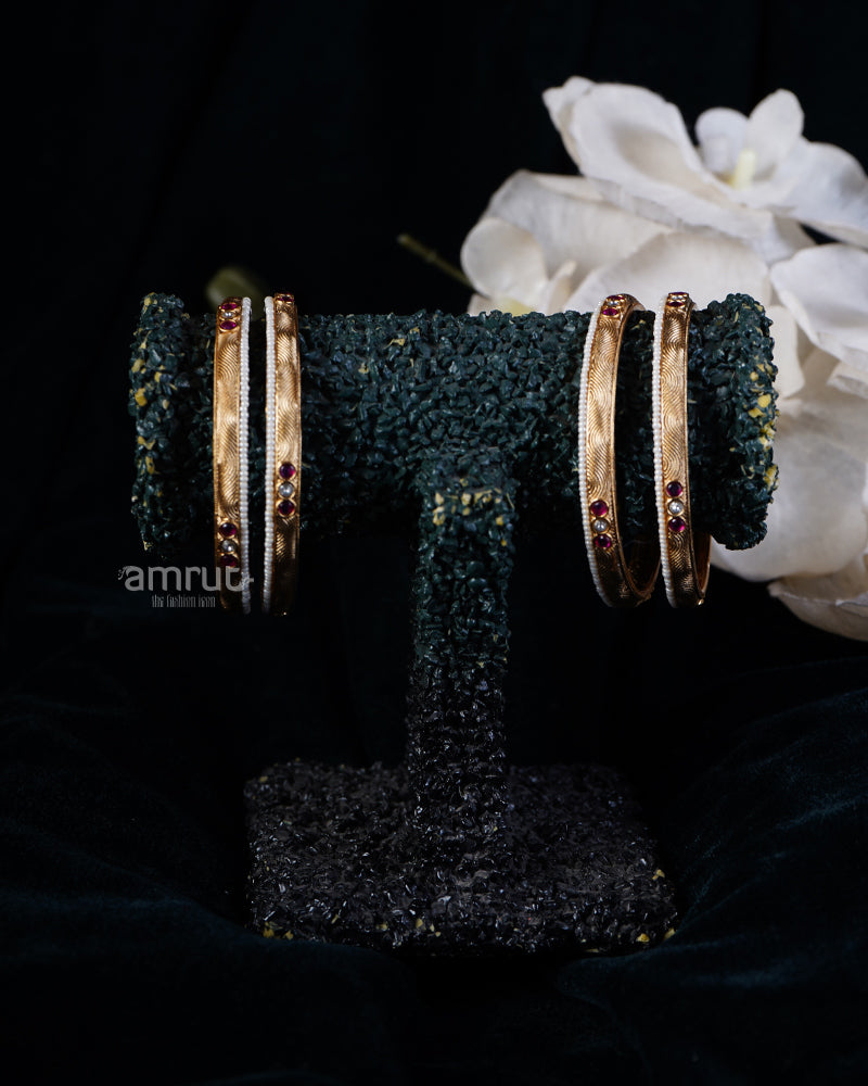 Ruby and Bead Embellished Intricate Design Gold-Toned Bangles 01