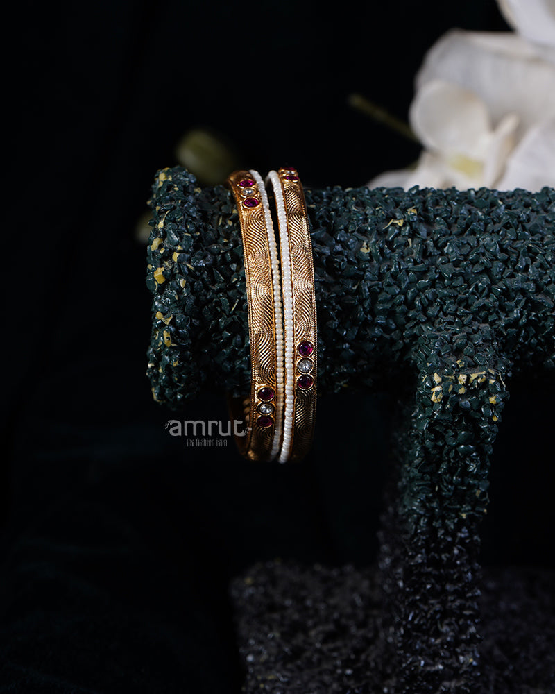 Ruby and Bead Embellished Intricate Design Gold-Toned Bangles 02