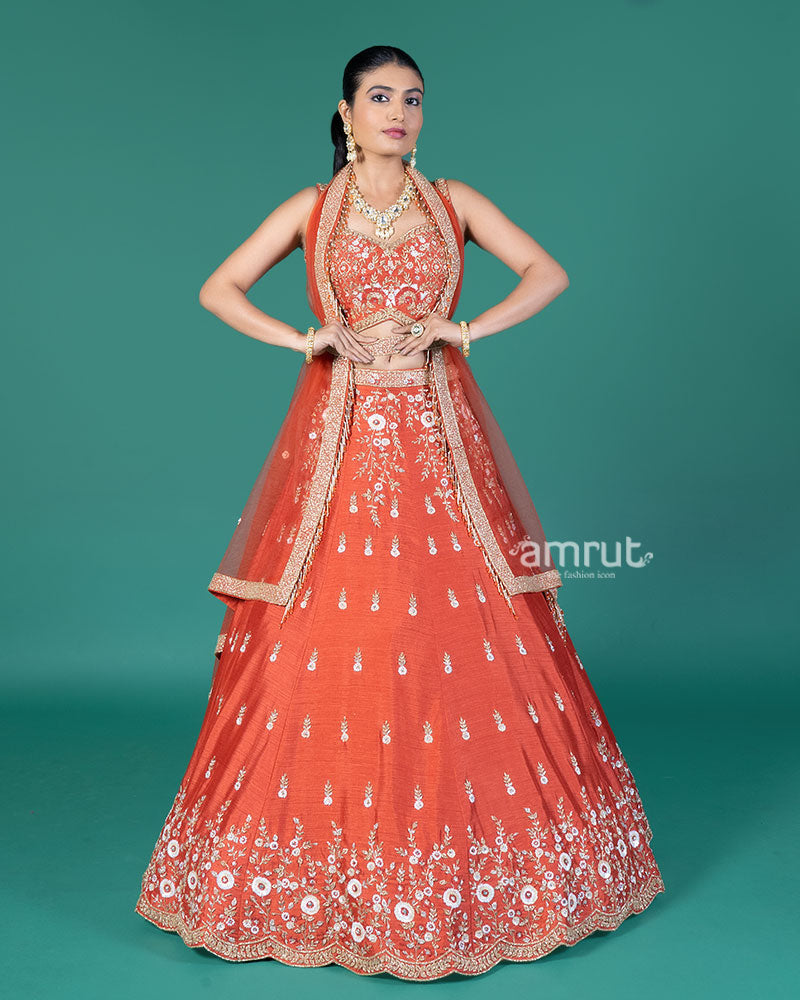 Rust Orange Embellished Lehenga Choli with Dupatta and Belt 01