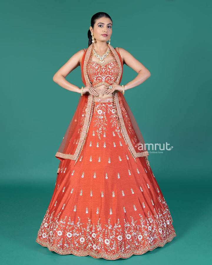 Rust Orange Embellished Lehenga Choli with Dupatta and Belt 01