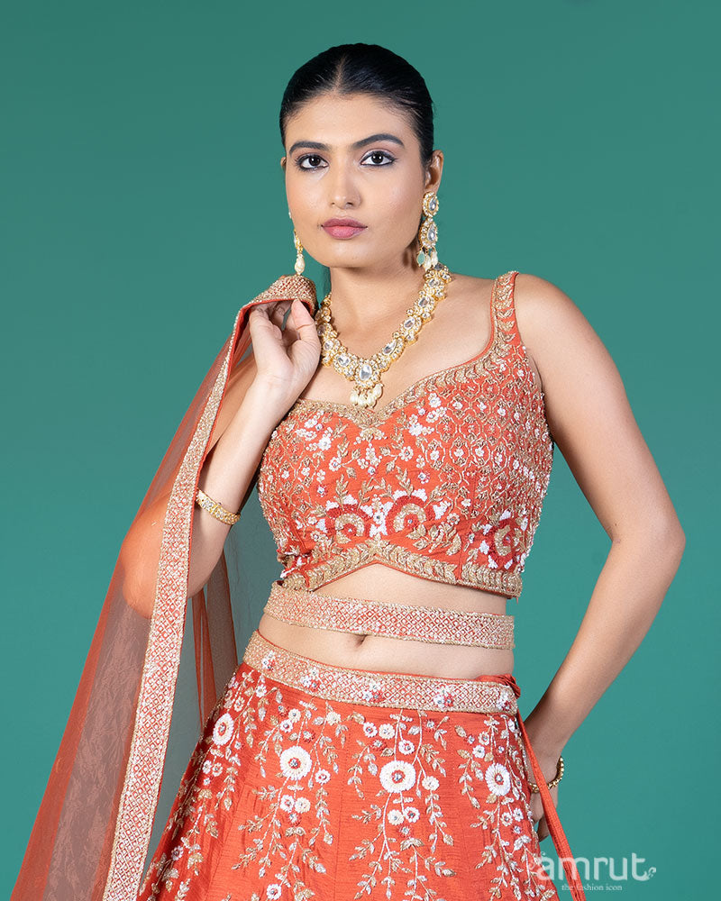 Rust Orange Embellished Lehenga Choli with Dupatta and Belt 02