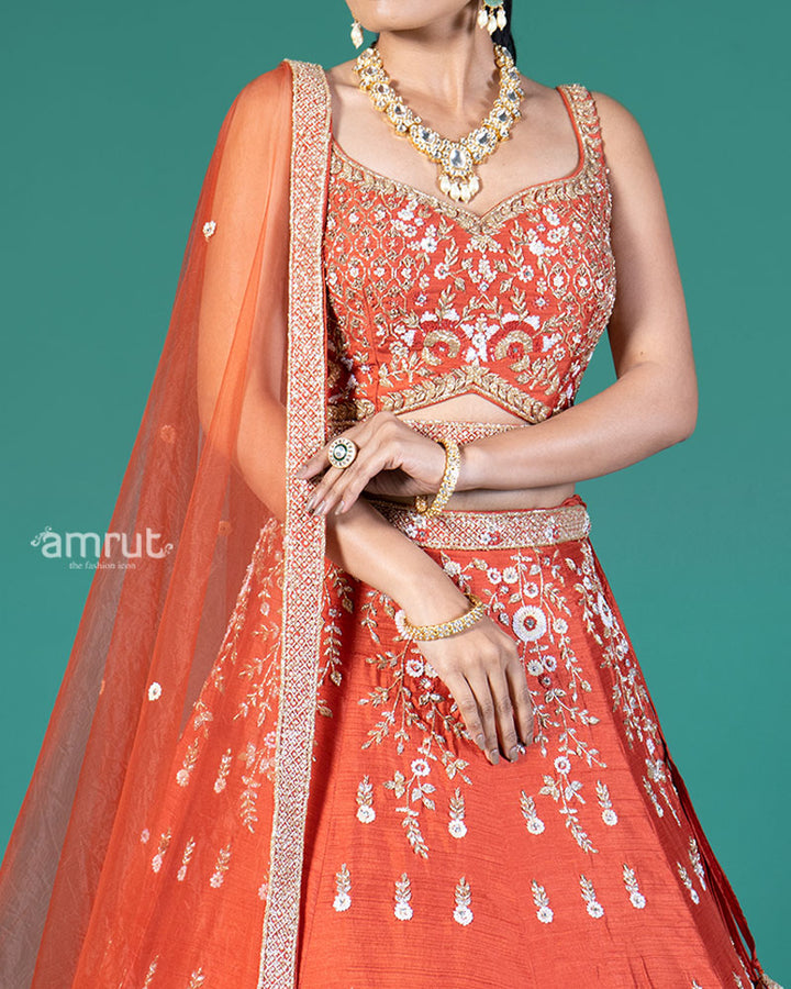 Rust Orange Embellished Lehenga Choli with Dupatta and Belt 03