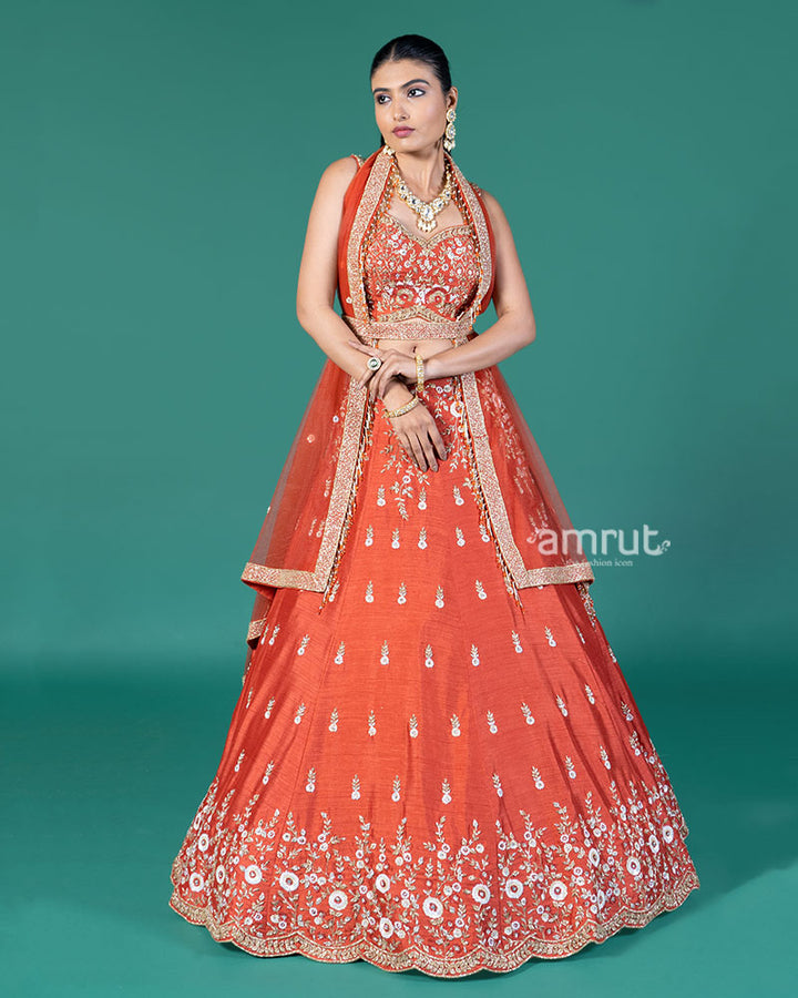 Rust Orange Embellished Lehenga Choli with Dupatta and Belt 04