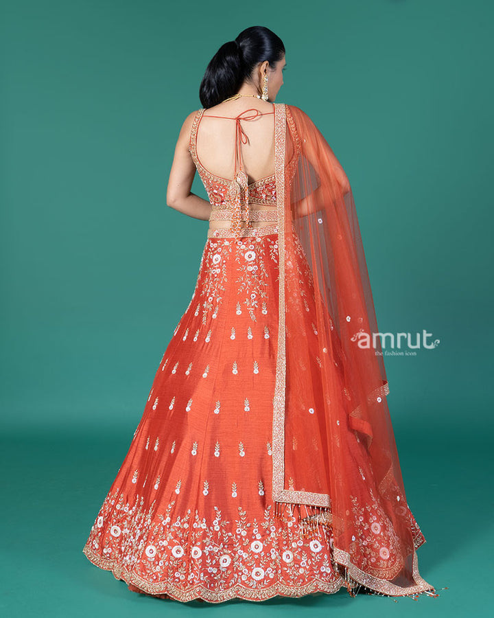 Rust Orange Embellished Lehenga Choli with Dupatta and Belt 05