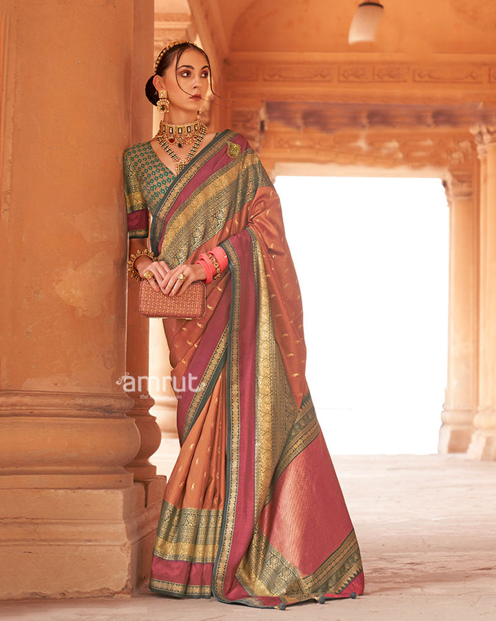 Rust Orange and Teal Dual-Tone Borders Printed Patola Silk Saree with Unstitched Blouse 01