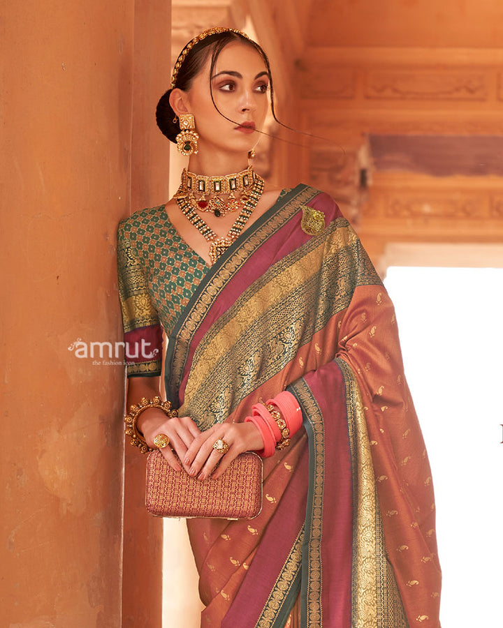 Rust Orange and Teal Dual-Tone Borders Printed Patola Silk Saree with Unstitched Blouse 02