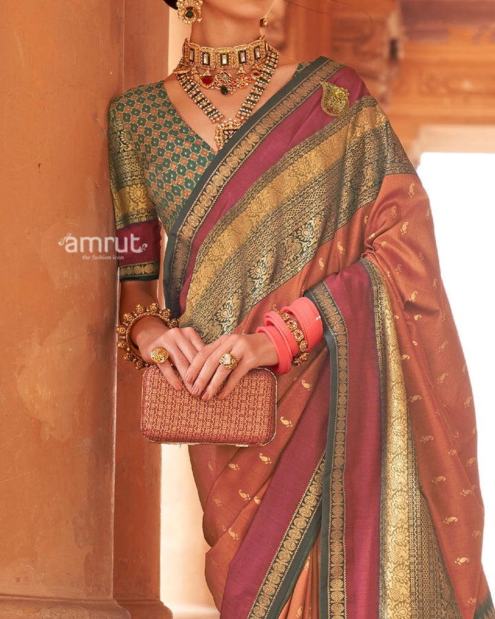 Rust Orange and Teal Dual-Tone Borders Printed Patola Silk Saree with Unstitched Blouse 03