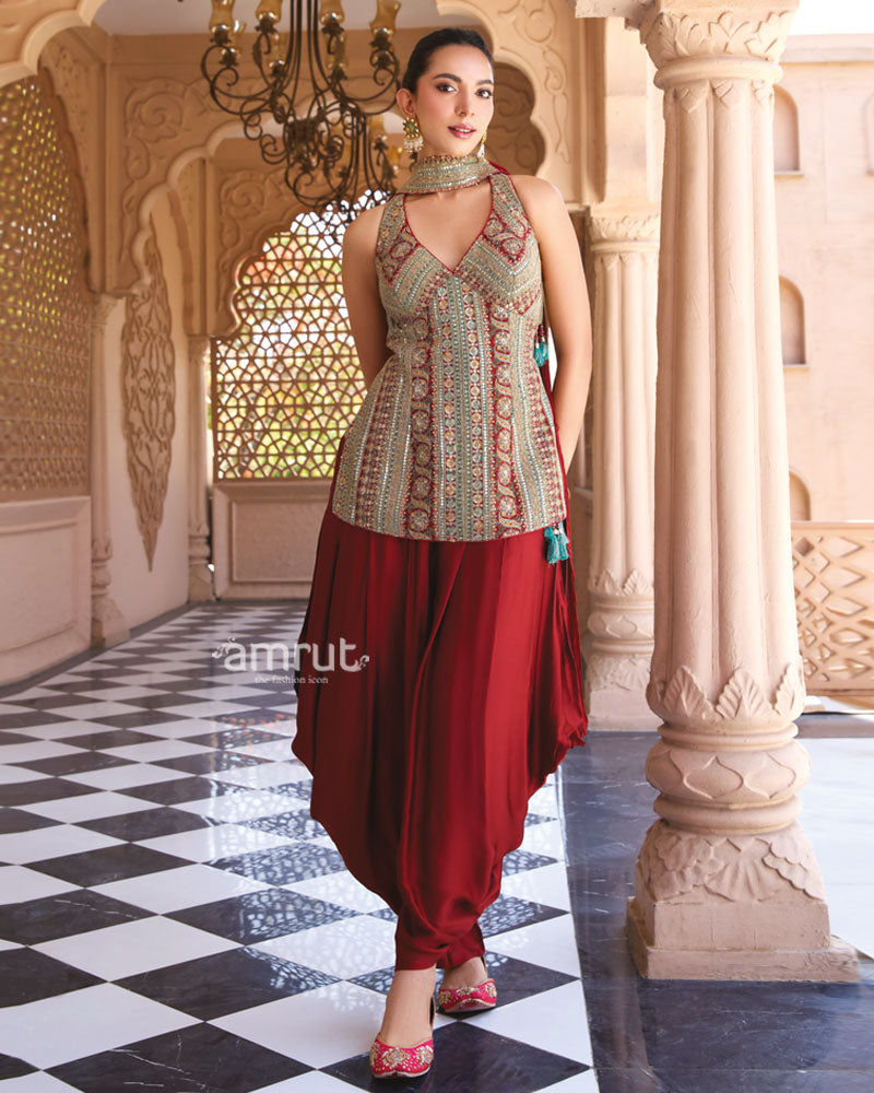 Rust Red Printed Georgette Dhoti Set 01