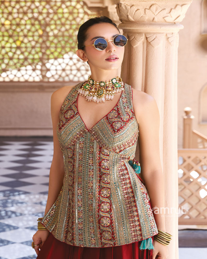 Rust Red Printed Georgette Dhoti Set 02