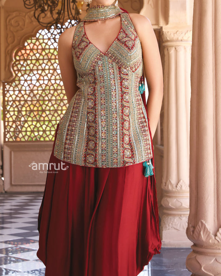 Rust Red Printed Georgette Dhoti Set 03