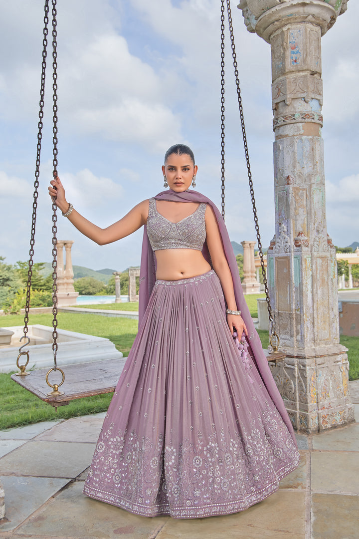 Dusty Lavender Hand-Embroidered Indo Western Lehenga Set with Sequin Blouse
