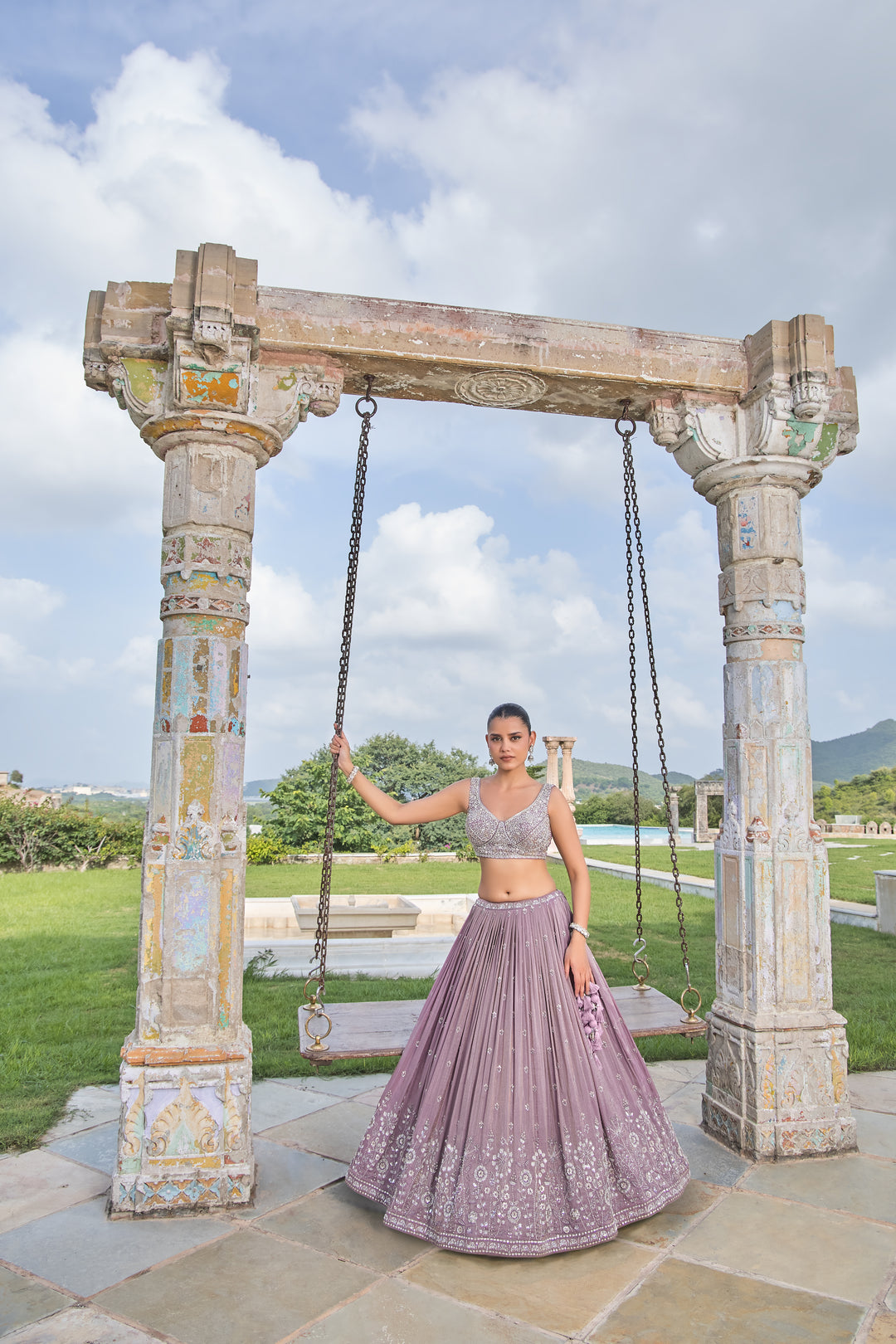 Dusty Lavender Hand-Embroidered Indo Western Lehenga Set with Sequin Blouse