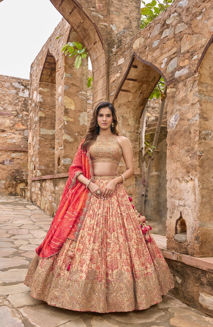 Elegant Ivory & Coral Pink Embroidered Bridal Lehenga Choli Set with Dupatta