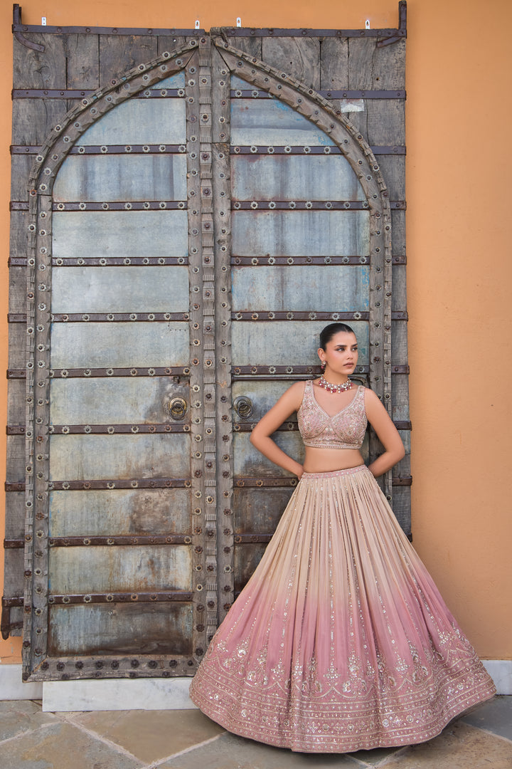 Blush Pink–Ombre Heavy Embroidered Designer Lehenga with Sequins, Zari