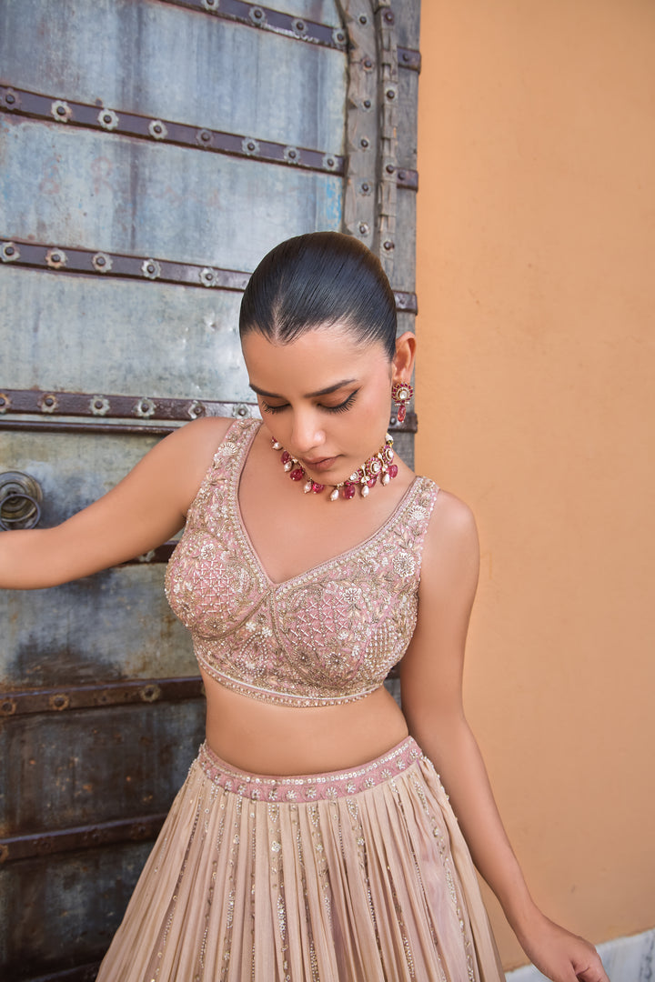 Blush Pink–Ombre Heavy Embroidered Designer Lehenga with Sequins, Zari