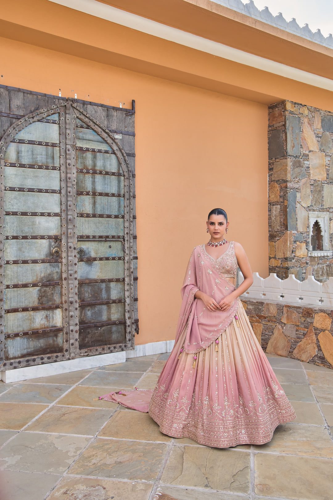 Blush Pink–Ombre Heavy Embroidered Designer Lehenga with Sequins, Zari