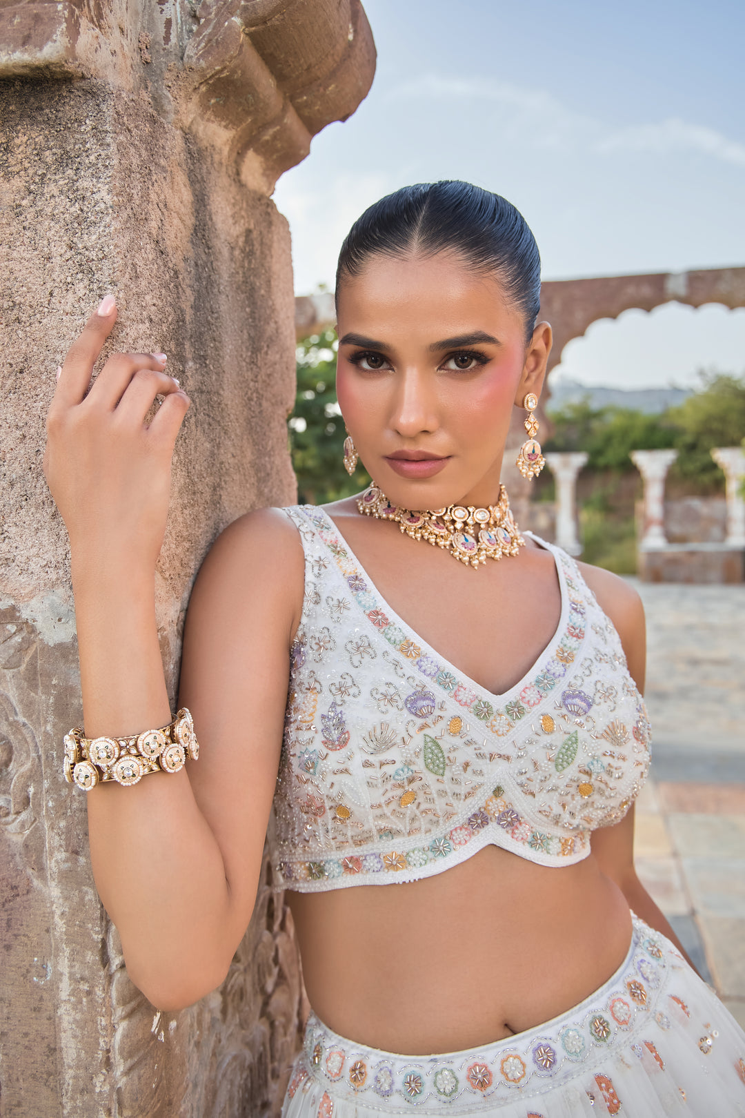 Ivory Multicolour Sequin & Thread Embroidered Designer Lehenga with Cape Dupatta