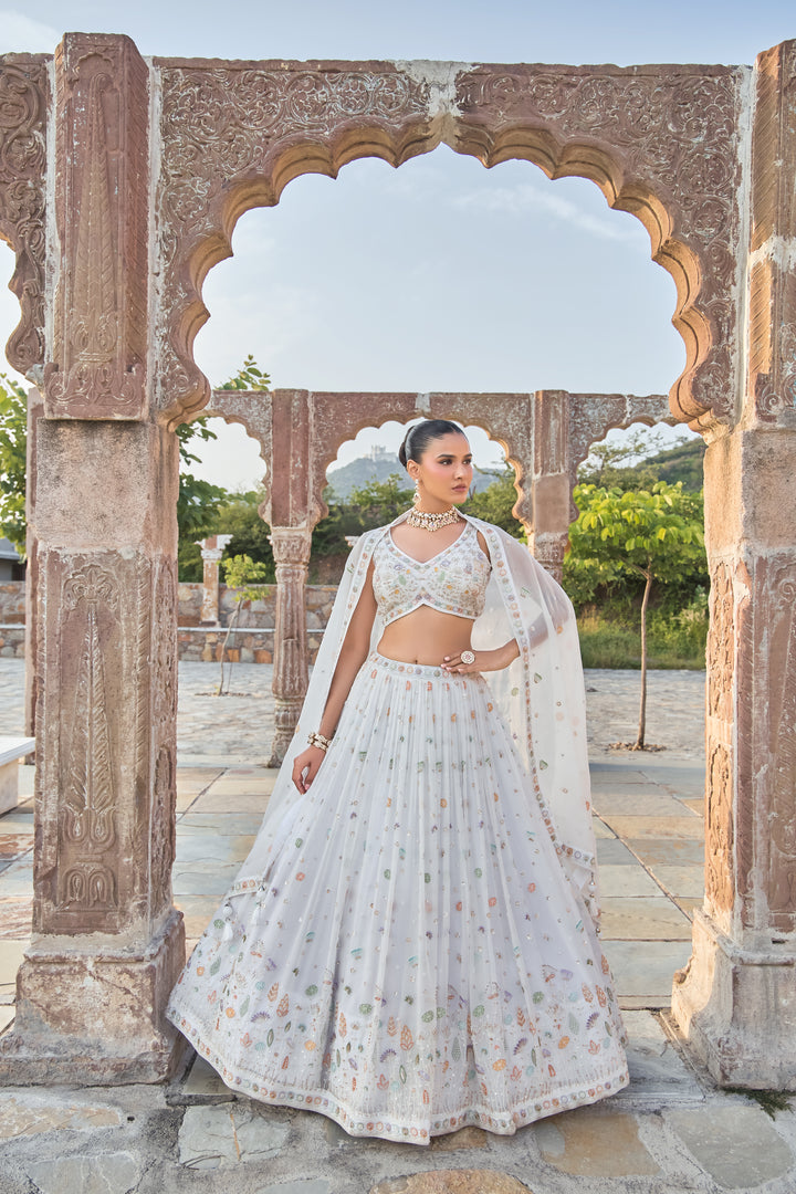 Ivory Multicolour Sequin & Thread Embroidered Designer Lehenga with Cape Dupatta