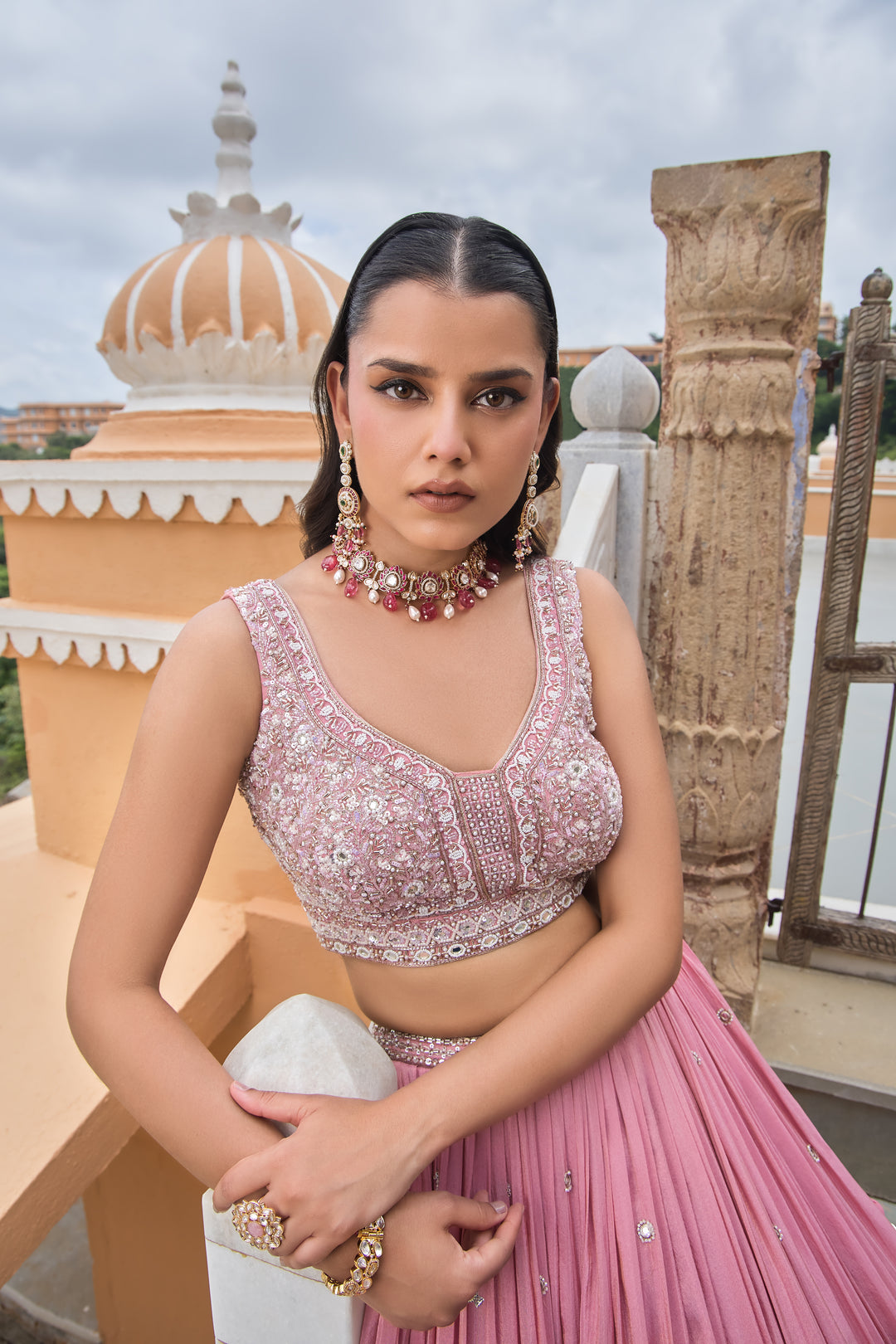 Blush Pink Hand-Embroidered Designer Lehenga with Sequins, Mirror Work