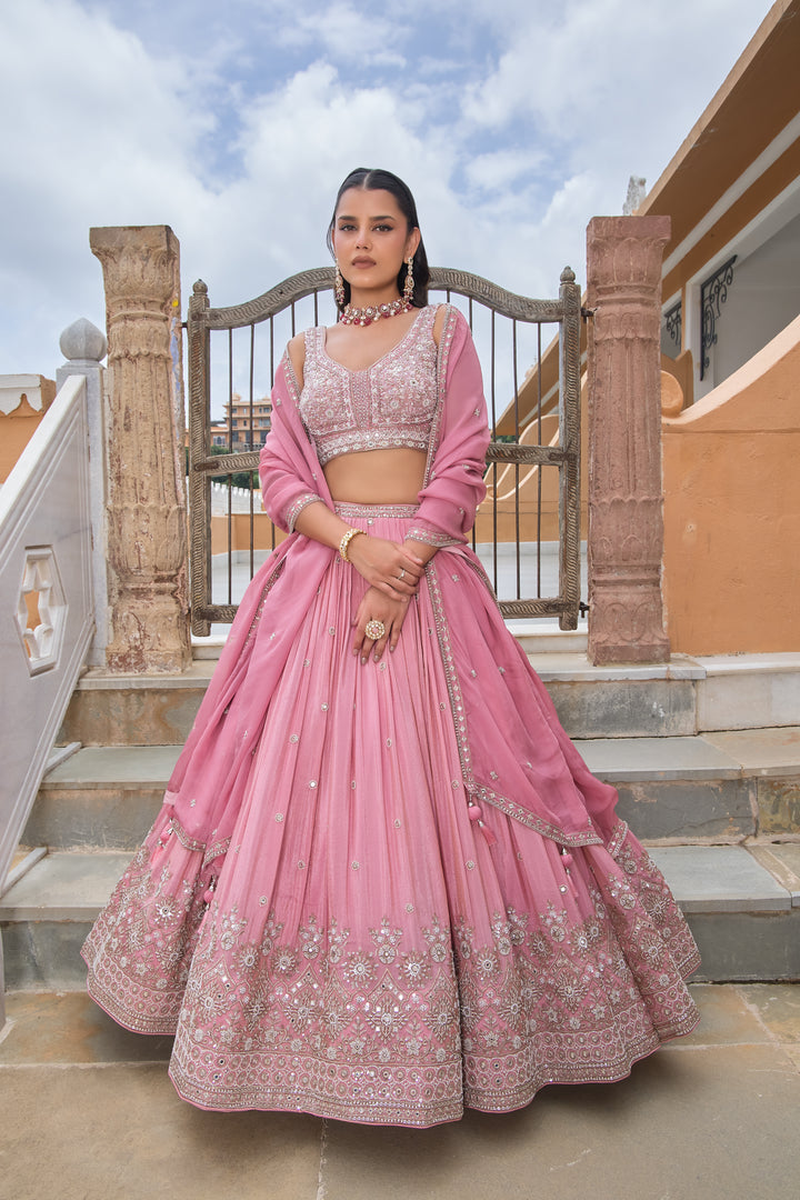 Blush Pink Hand-Embroidered Designer Lehenga with Sequins, Mirror Work