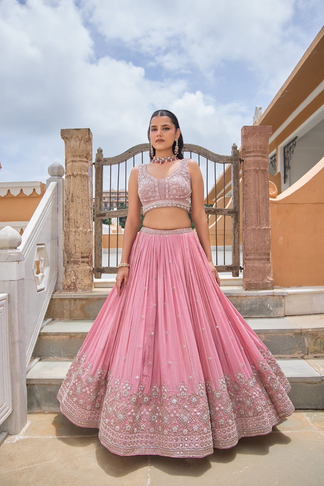 Blush Pink Hand-Embroidered Designer Lehenga with Sequins, Mirror Work