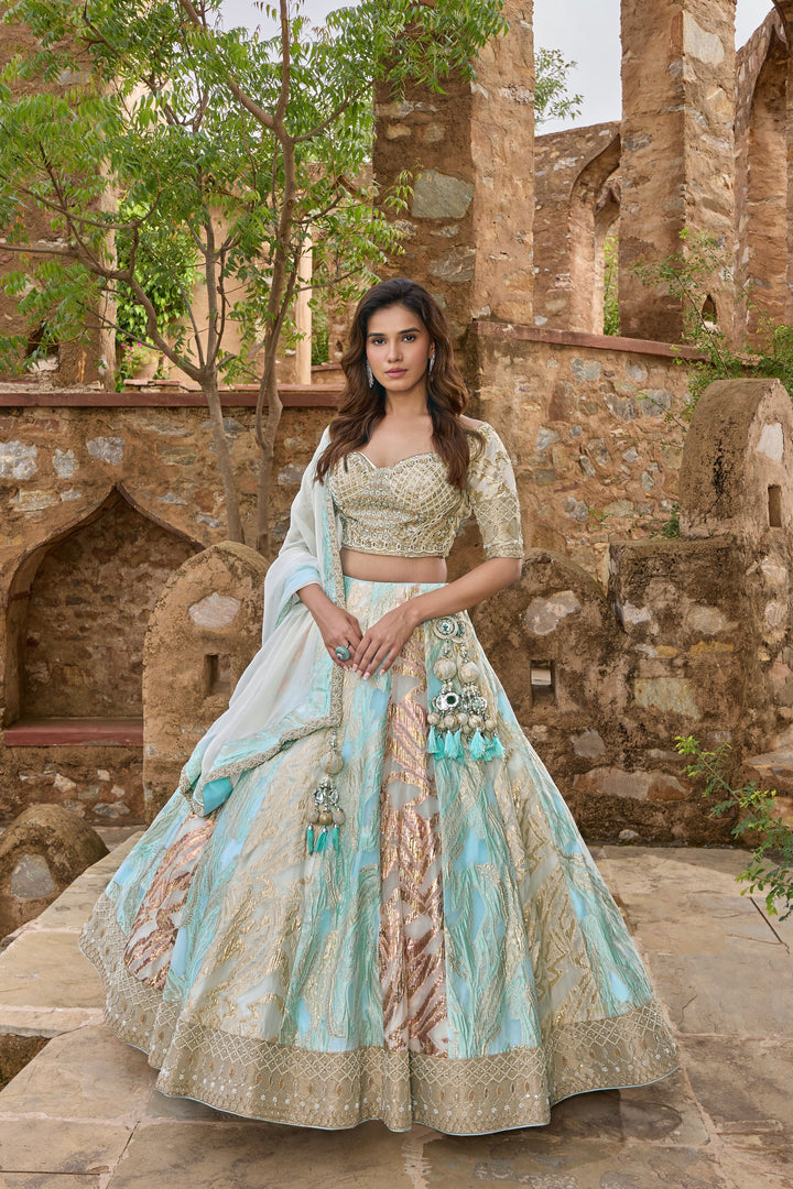 Elegant Ice Blue & Ivory Embroidered Lehenga Choli Set with Dupatta