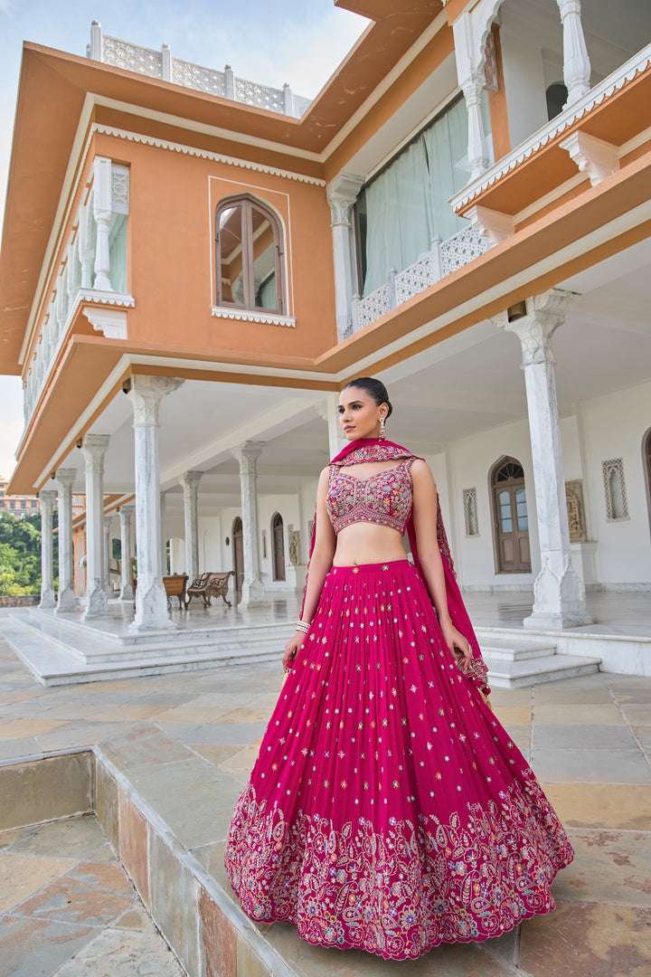 Hot Pink Multicolor Hand-Embroidered Indo-Western Lehenga Set with Designer Blouse