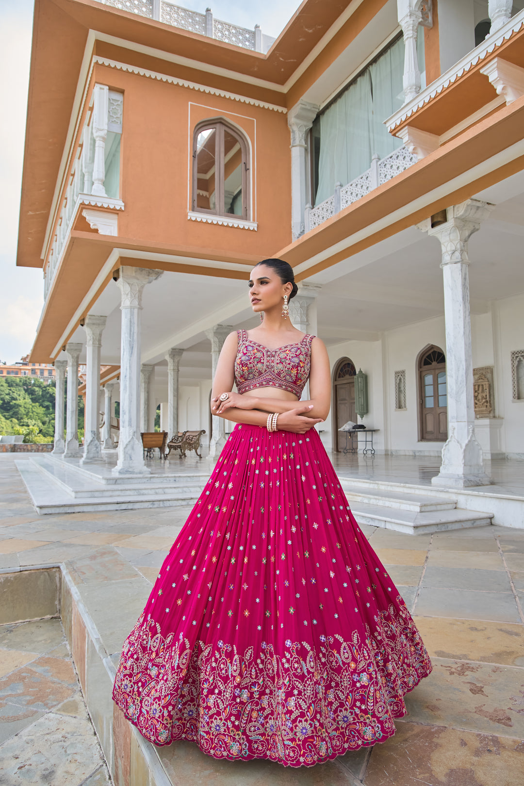 Hot Pink Multicolor Hand-Embroidered Indo-Western Lehenga Set with Designer Blouse