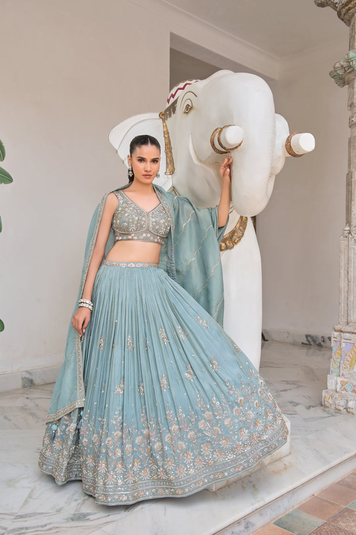 Aqua Blue Luxury Hand-Embroidered Bridal Lehenga Set with Sequins & Zari Detailing