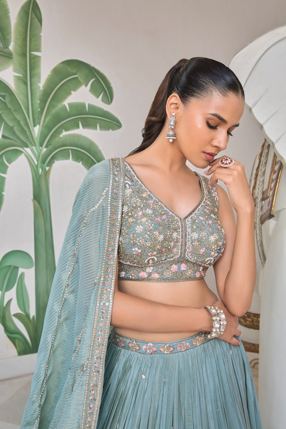 Aqua Blue Luxury Hand-Embroidered Bridal Lehenga Set with Sequins & Zari Detailing