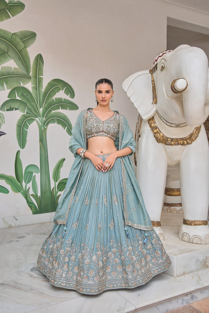 Aqua Blue Luxury Hand-Embroidered Bridal Lehenga Set with Sequins & Zari Detailing
