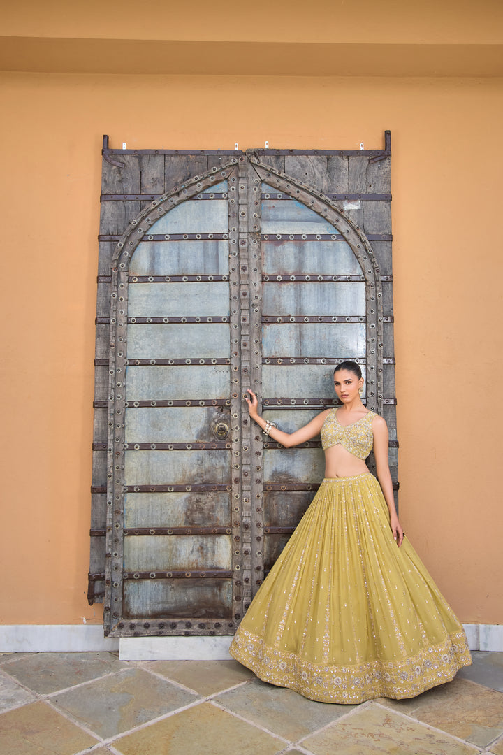 Sunshine Yellow Heavy Sequins & Thread Embroidered Designer Lehenga Set