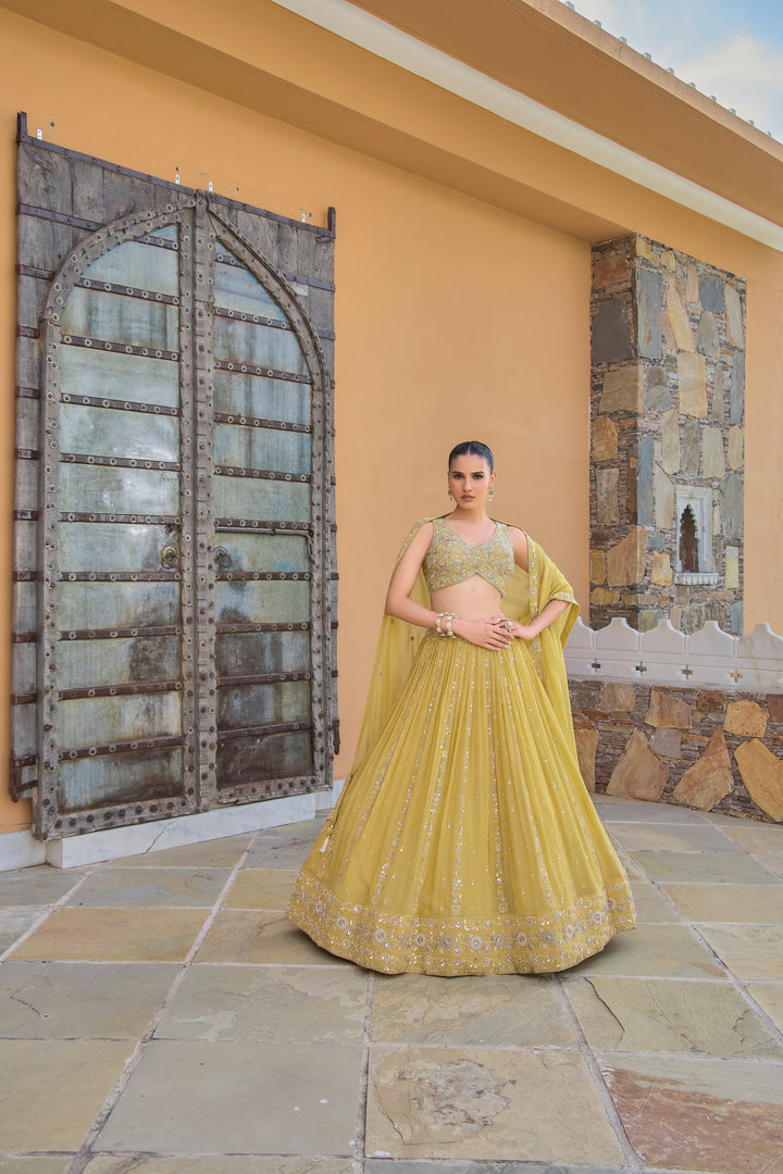 Sunshine Yellow Heavy Sequins & Thread Embroidered Designer Lehenga Set