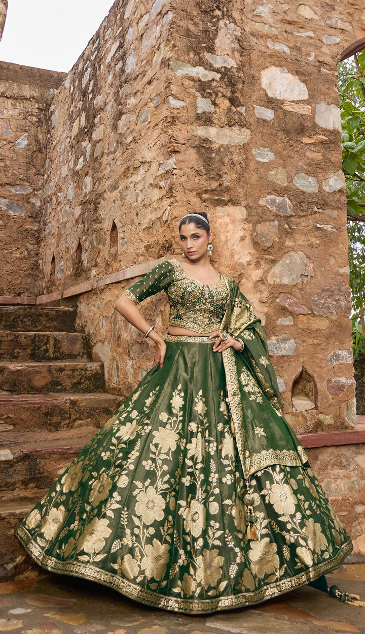 Emerald Green Floral Embroidered Designer Lehenga Choli Set with Dupatta