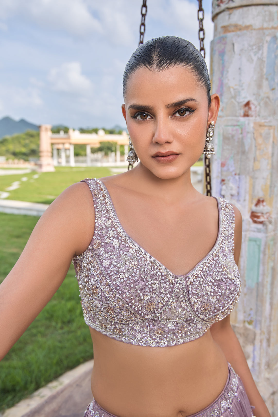 Dusty Lavender Hand-Embroidered Indo Western Lehenga Set with Sequin Blouse