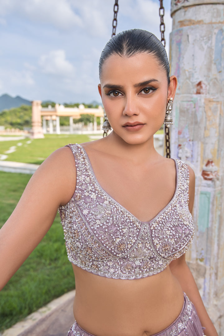 Dusty Lavender Hand-Embroidered Indo Western Lehenga Set with Sequin Blouse