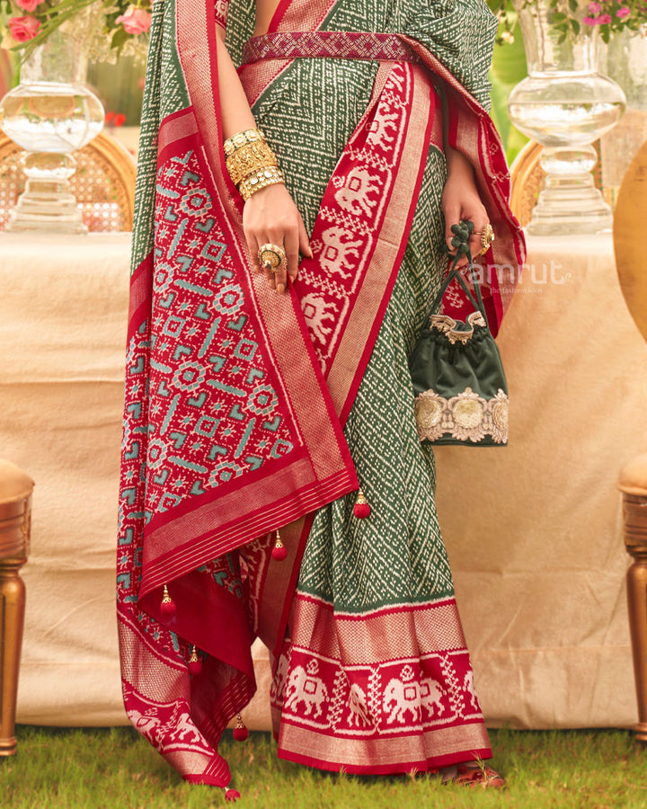 Sage Green Ikat Weave Print Silk Saree With Contrast Red Pallu