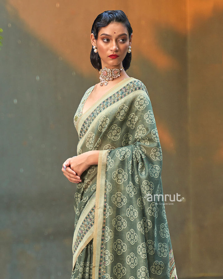 Sage Green Floral Printed Cotton Saree with Unstitched Blouse 02