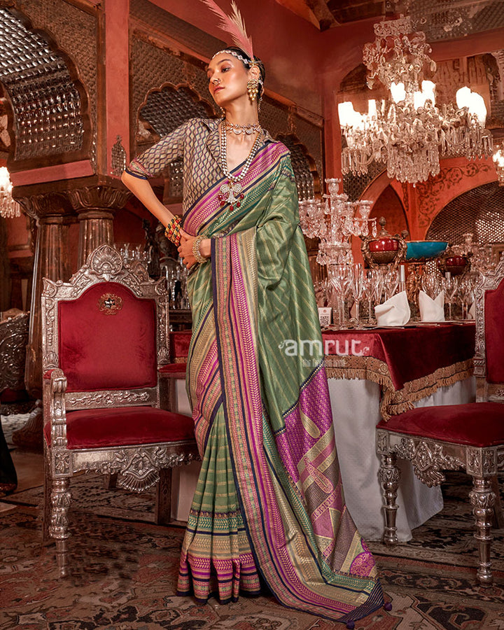 Sage Green Kanjivaram Silk Saree with an Unstitched Blouse 01