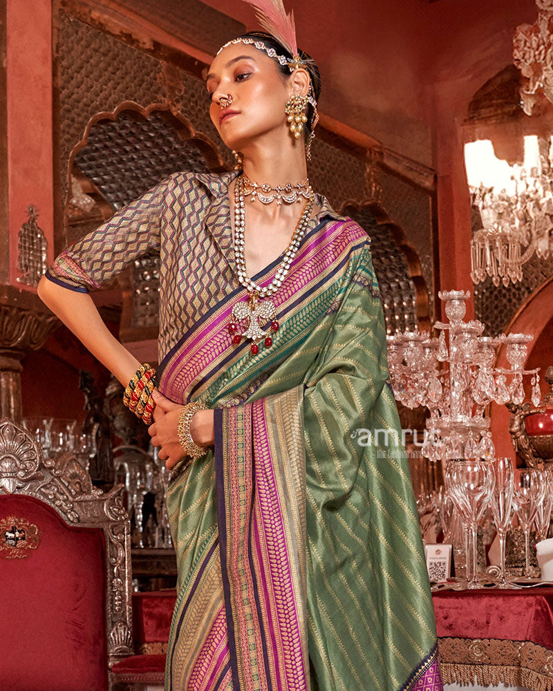 Sage Green Kanjivaram Silk Saree with an Unstitched Blouse 02
