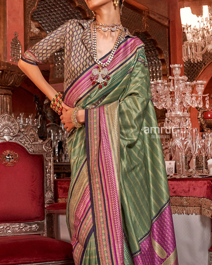 Sage Green Kanjivaram Silk Saree with an Unstitched Blouse 03