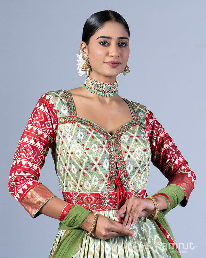 Sage Green Printed Gown with Golden-Red Detailing and Dupatta 02