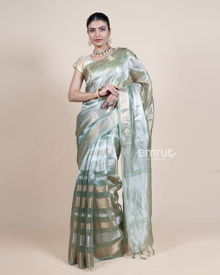 Sage Green Tissue Silk Saree with Golden Striped Pattern and Unstitched Blouse 01